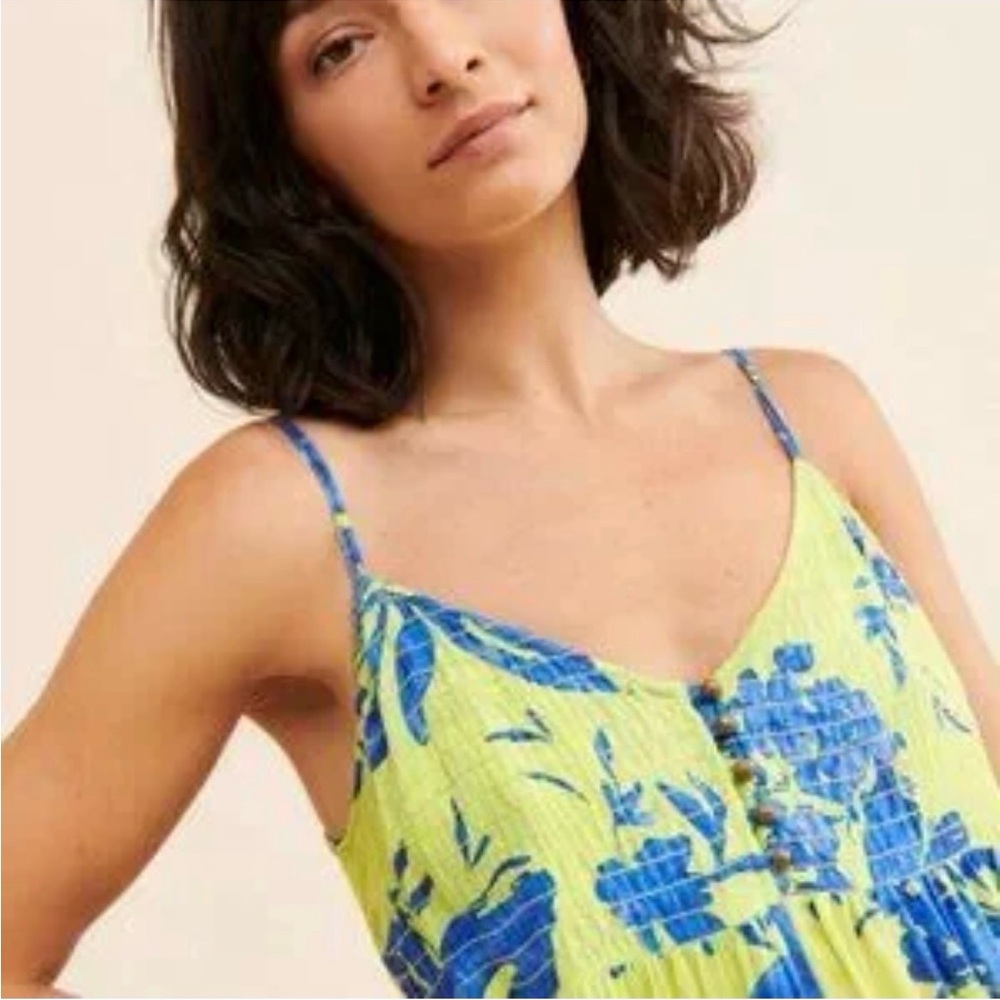 Anthropologie Lime and Cobalt Leaf Print jumpsuit - Picture 2 of 6